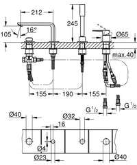 4 hole bath set line drawing with dimensions