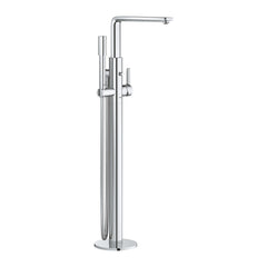 Chrome freestanding batht shower mixer with handheld shower on a white background