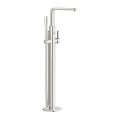 Steel finish freestanding bathtub faucet on a white background