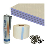 Building materials including a roll of mesh, a tube of adhesive, and screws on a white background