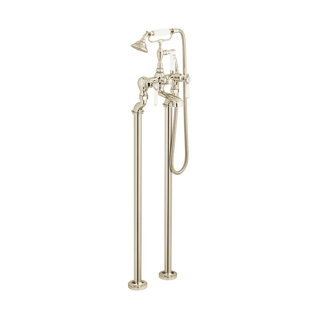 Vintage-style freestanding bathtub faucet with handheld shower on a white background