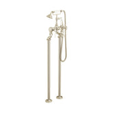 Vintage-style freestanding bathtub faucet with handheld shower on a white background