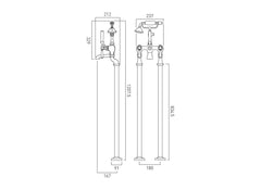 Technical drawing of a bathroom faucet and shower head with dimensions on a white background