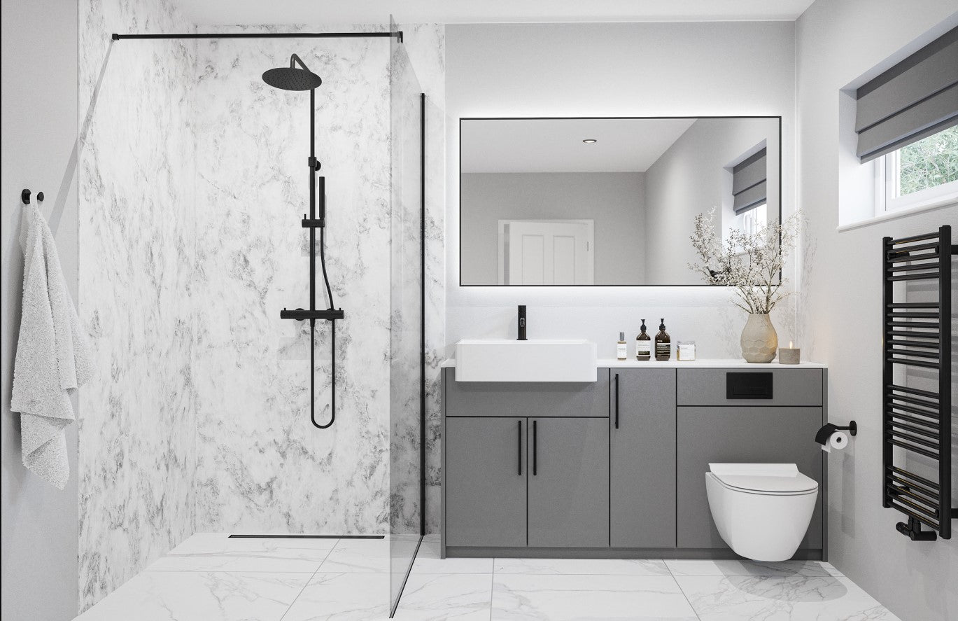 shower room with marble wall panels