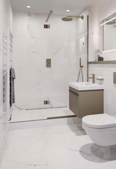 shower room with marble tiles, glass screen with pivot return and black fittings