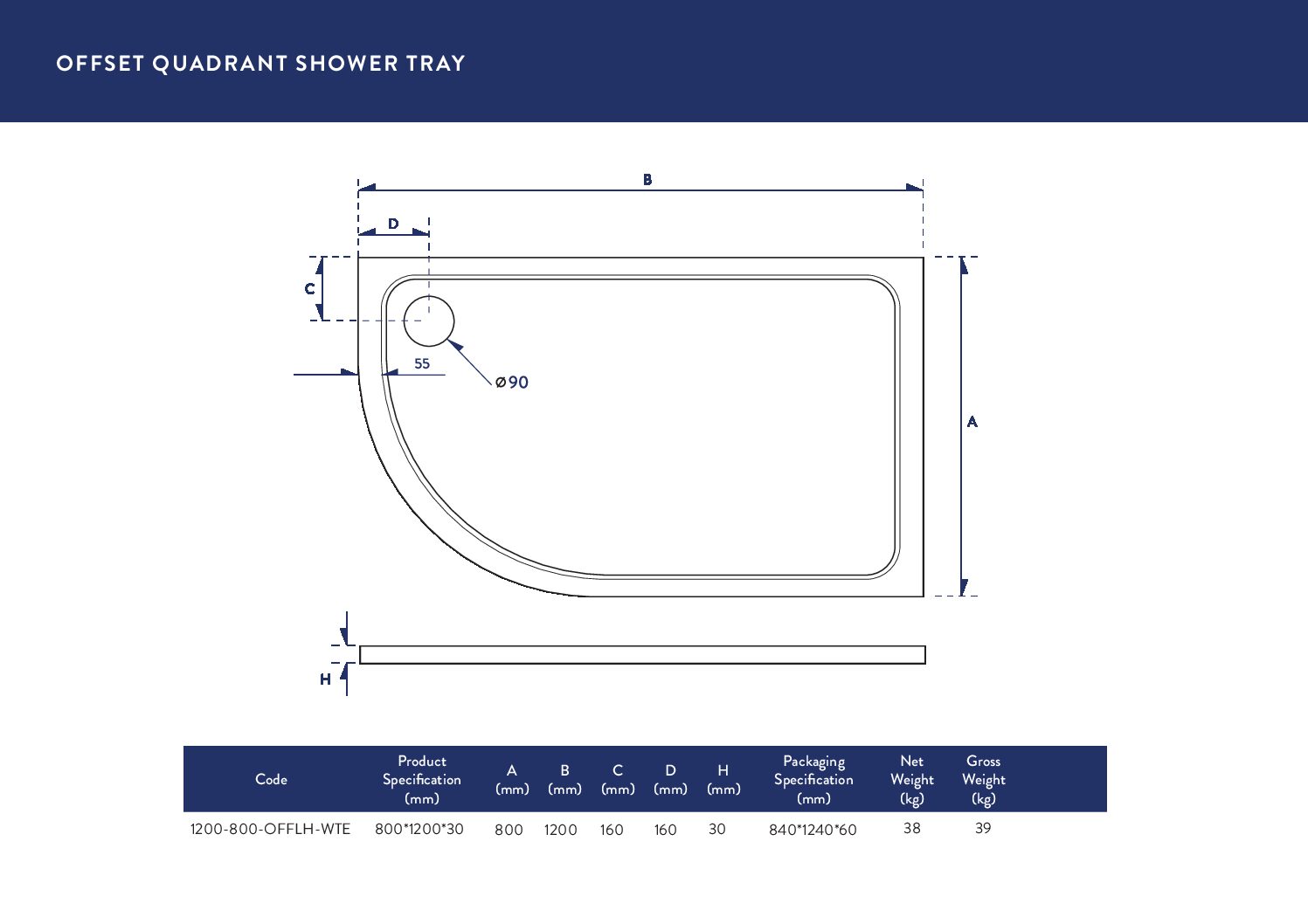 Left hand offset quadrant tray drawing