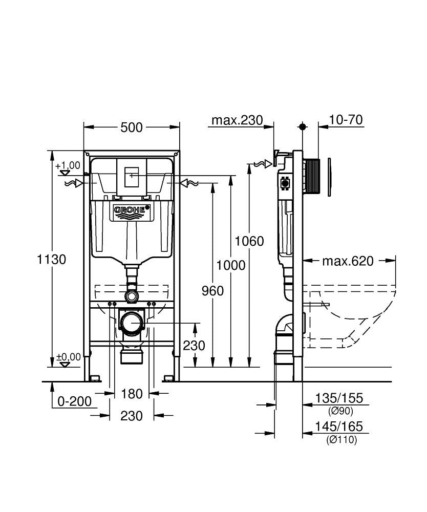 Grohe Rapid SL 3 in 1 Set for WC 1.13m Frame with Skate Cosmopolitan Chrome Flush Plate