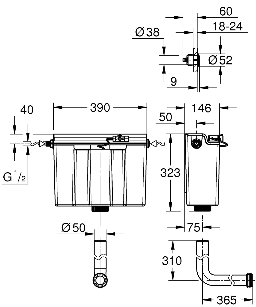 Grohe Adagio Concealed Flushing Cistern, Side Fill with Chrome Button