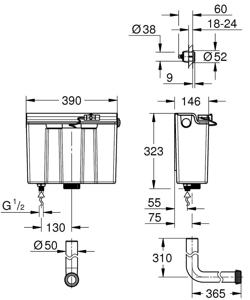 Grohe Adagio Concealed Flushing Cistern, Bottom Fill with Chrome Button