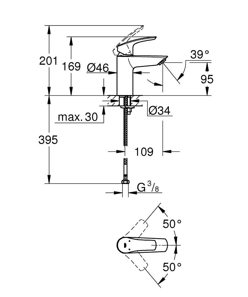 Grohe Eurosmart Basin Mixer S-Size Smooth Body - High Pressure/Water Saving