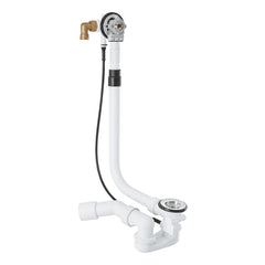 White bath plumbing fixture with brass and black components on a white background