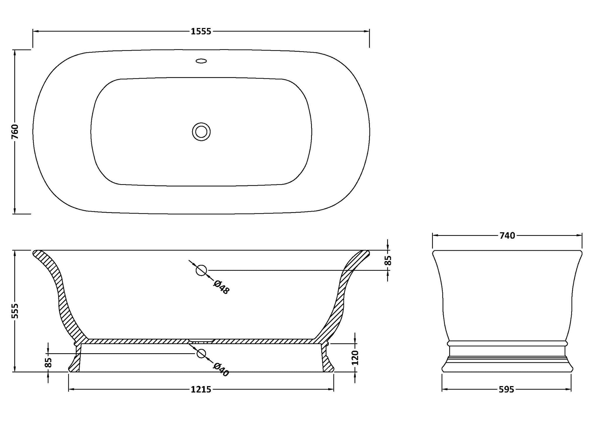 line drawing for Bampton freestanding bathtub