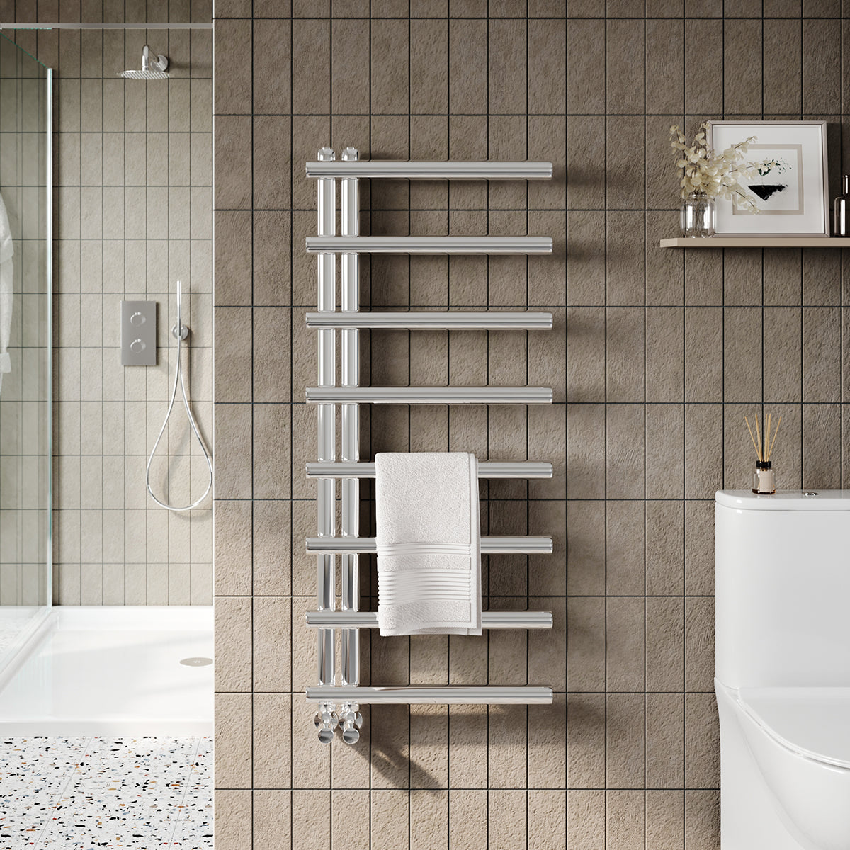 chrome open arm towel radiator in room set