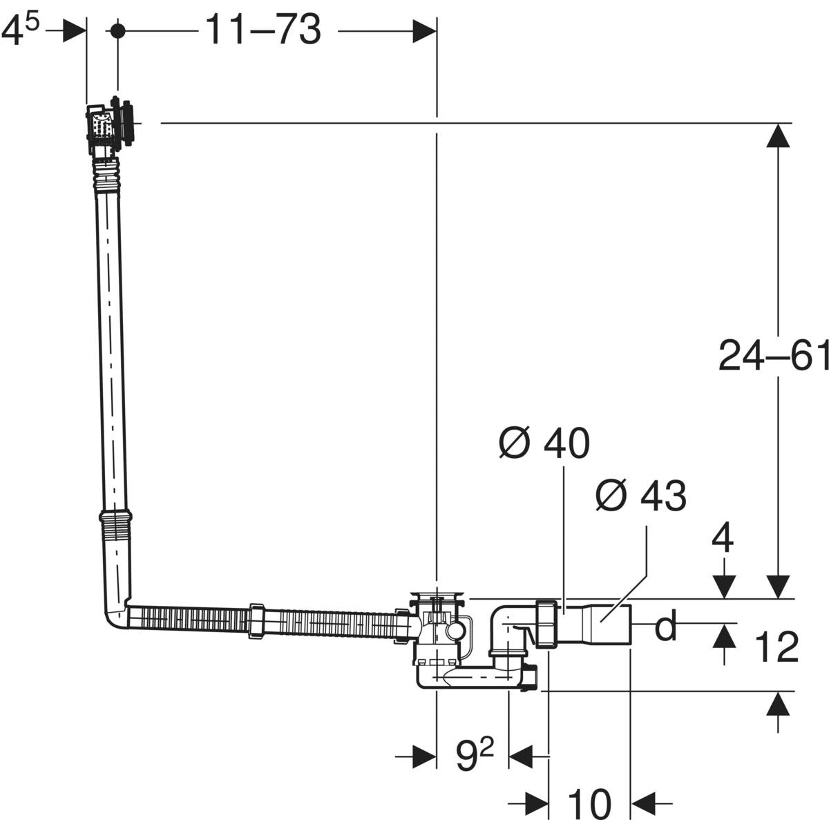 Geberit bathtub drain with turn handle and inlet (extended)