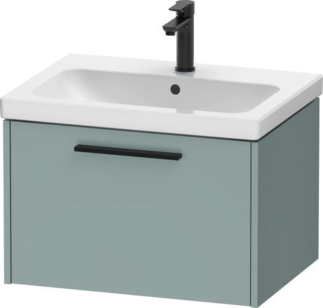 blue green basin unit with white basin and black handle