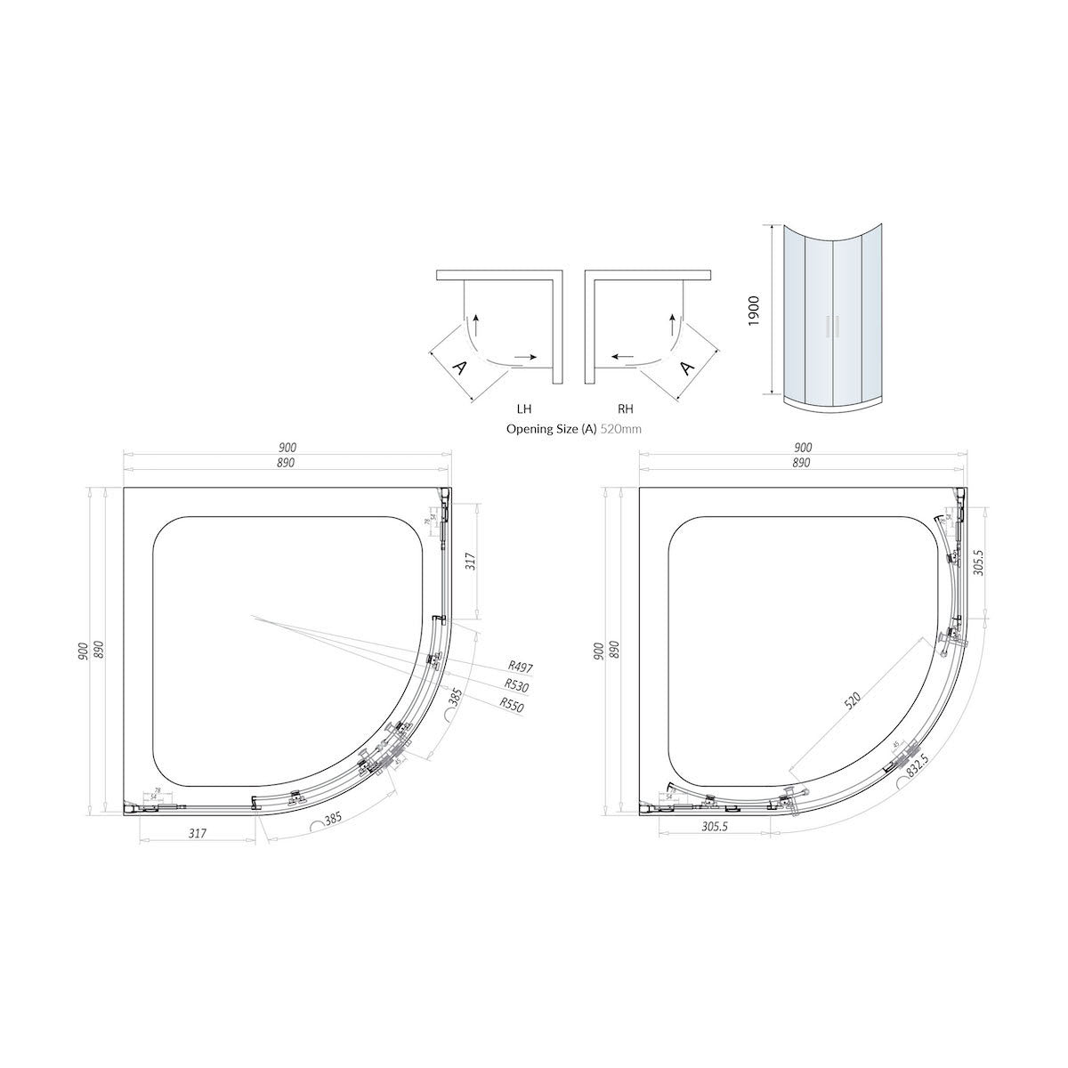 900 single door quadrant line drawing