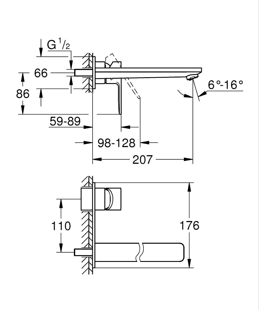 Technical drawing of Grohe 23444001 mixer with dimensions labeled