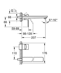 Technical drawing of Grohe 23444001 mixer with dimensions labeled