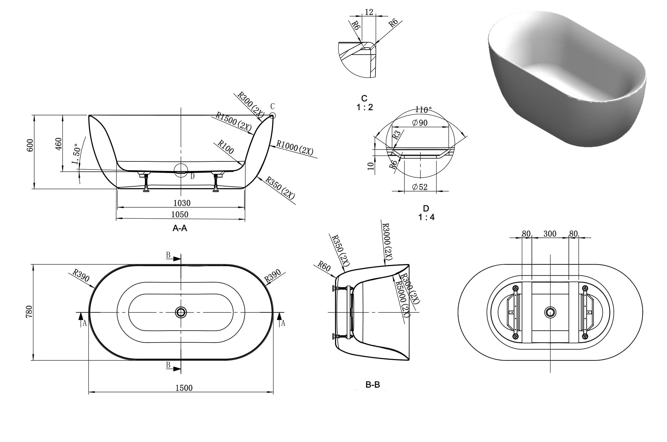 Dinkee bath line drawing