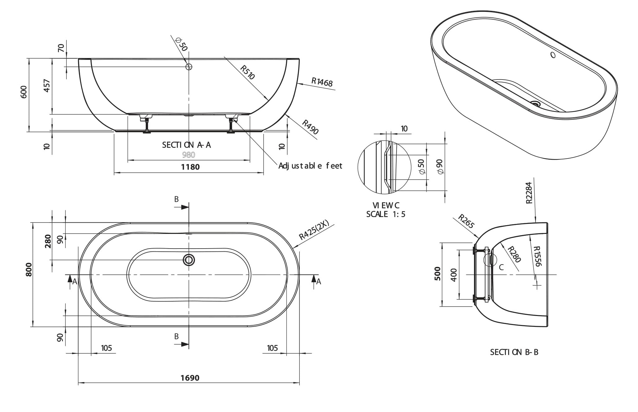 Ovali bath 1690 line drawing