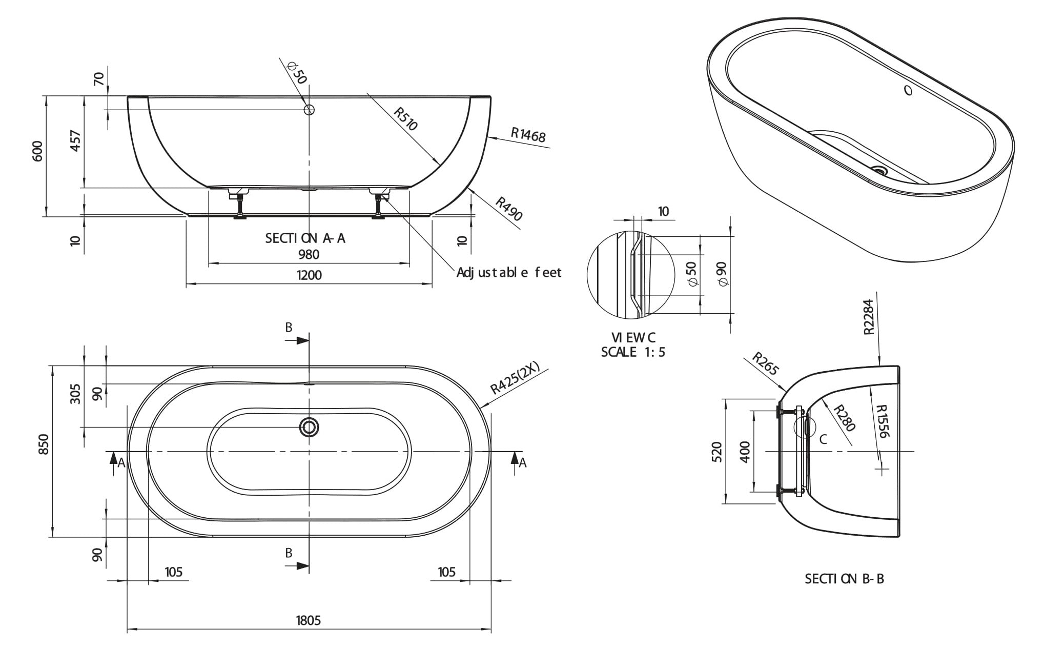 Ovali bath 1805 line drawing