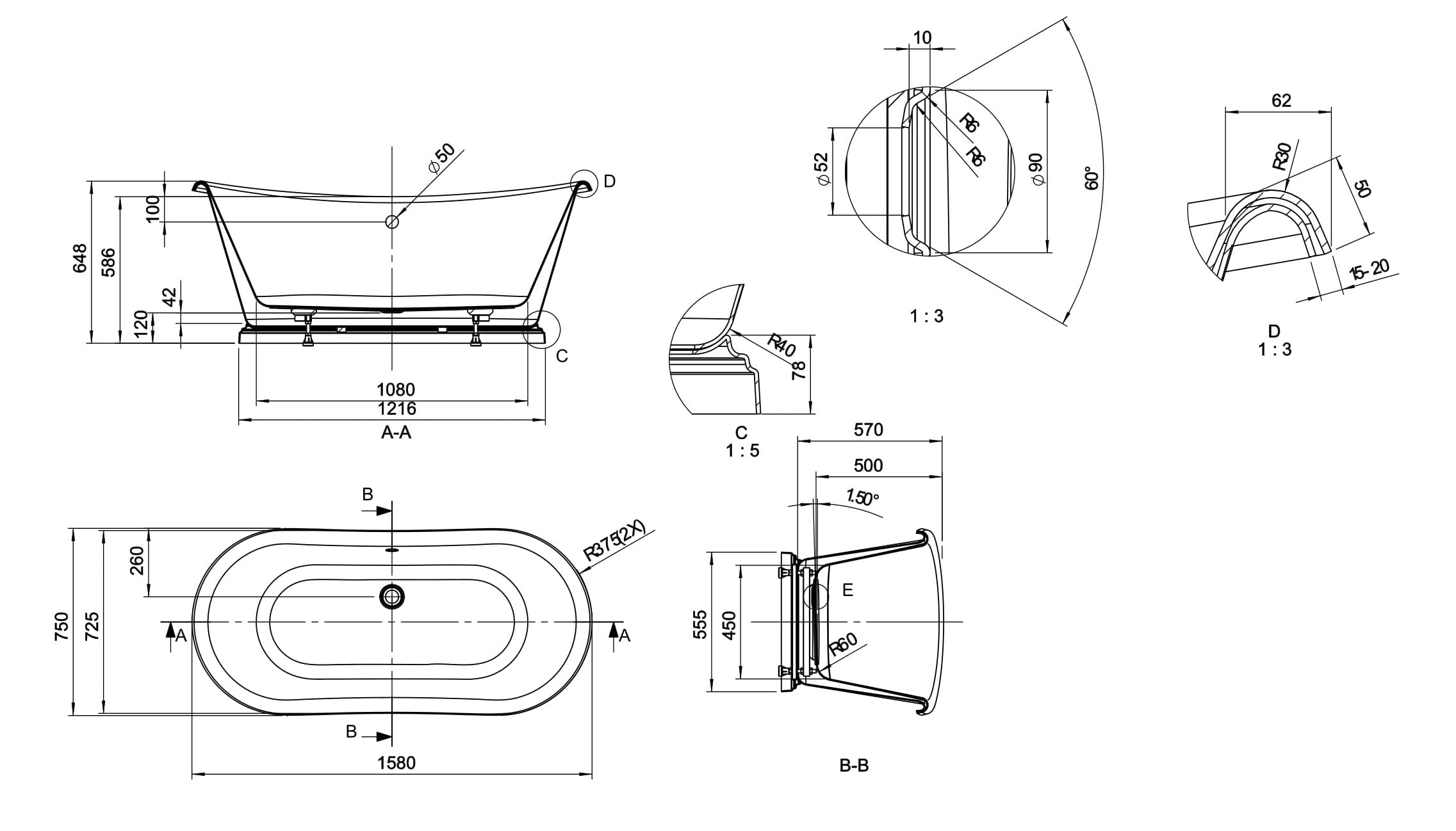 boat bath 1580 line drawing