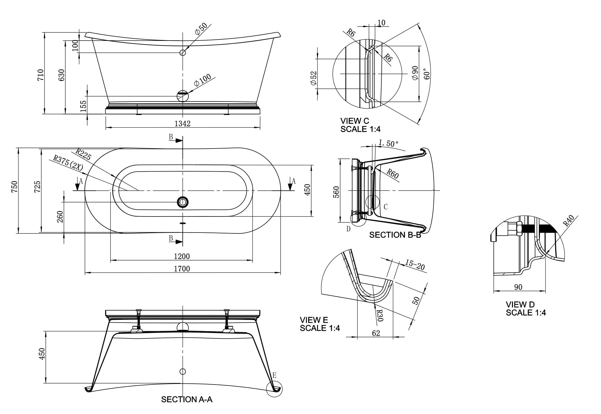 boat bath line drawing 1700