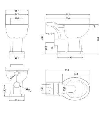 Fitzroy comfort height close coupled wc line drawing