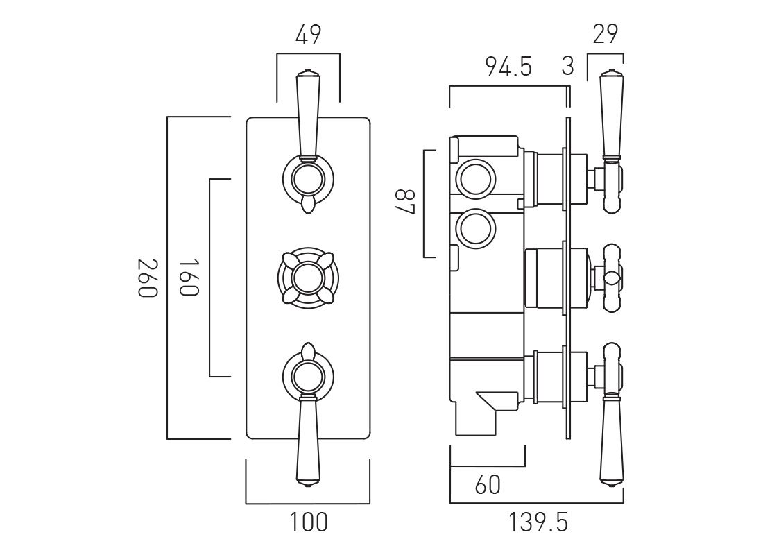 Vado Axbridge 3 Outlet 3 Handle Shower Valve