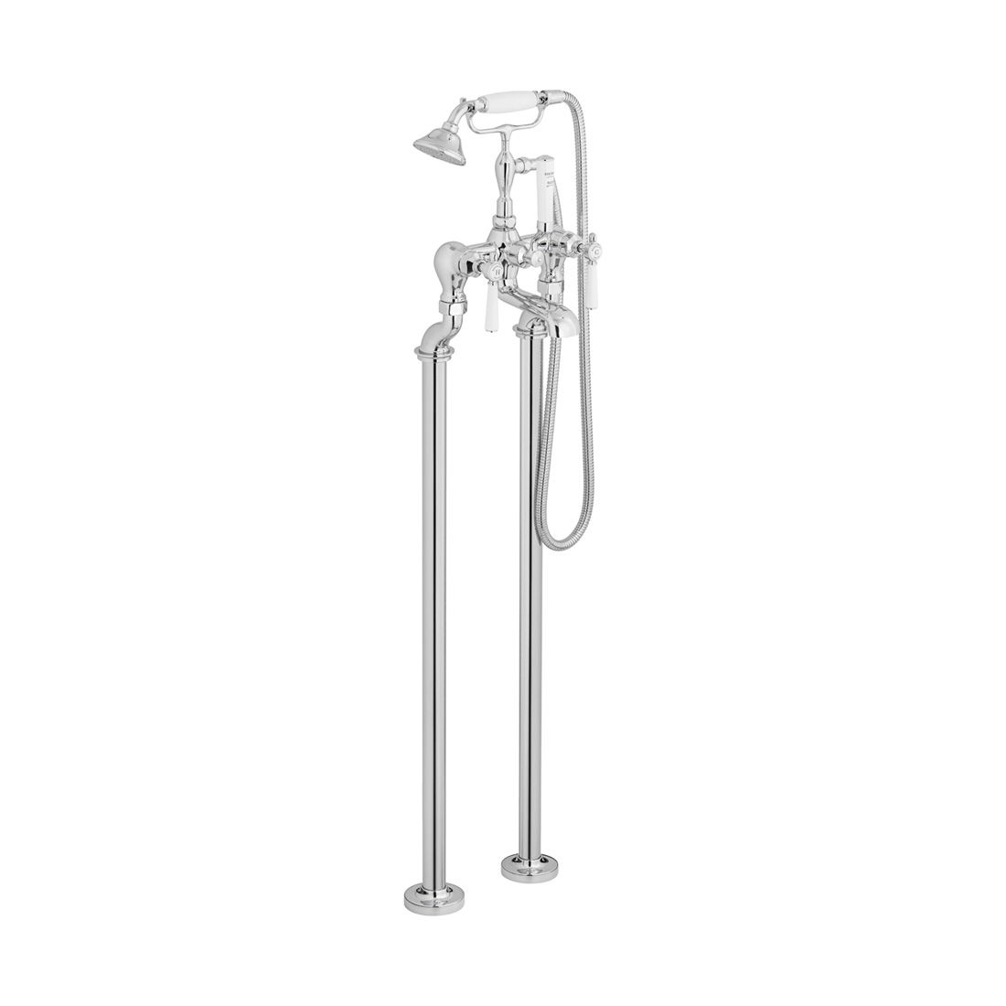 Chrome freestanding bathtub faucet with handheld shower on a white background