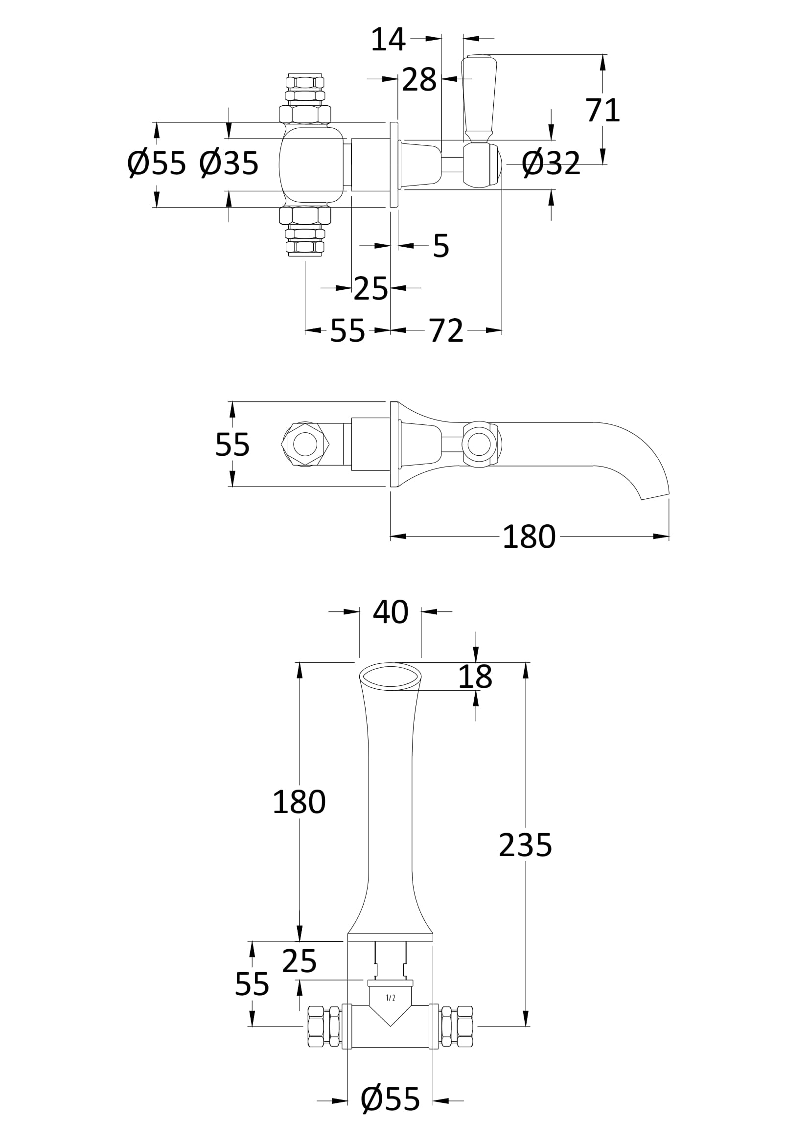 Victrion Lever 3 hole wall basin filler