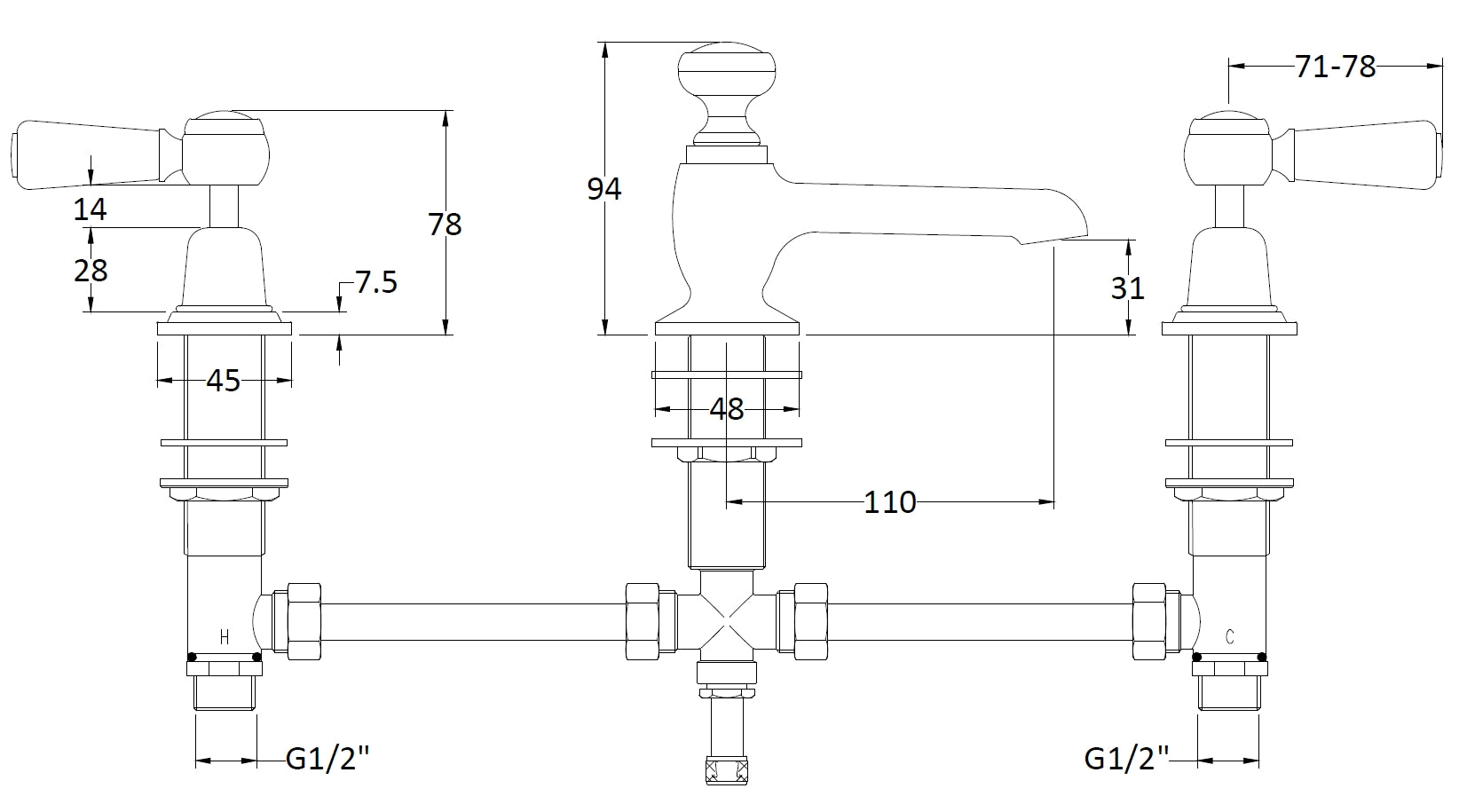 Victrion Lever 3 hole basin mixer