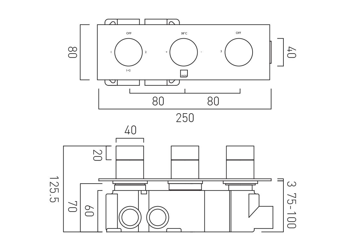 Vado Individual Knurled Accents Horizontal 3 Outlet Shower Valve