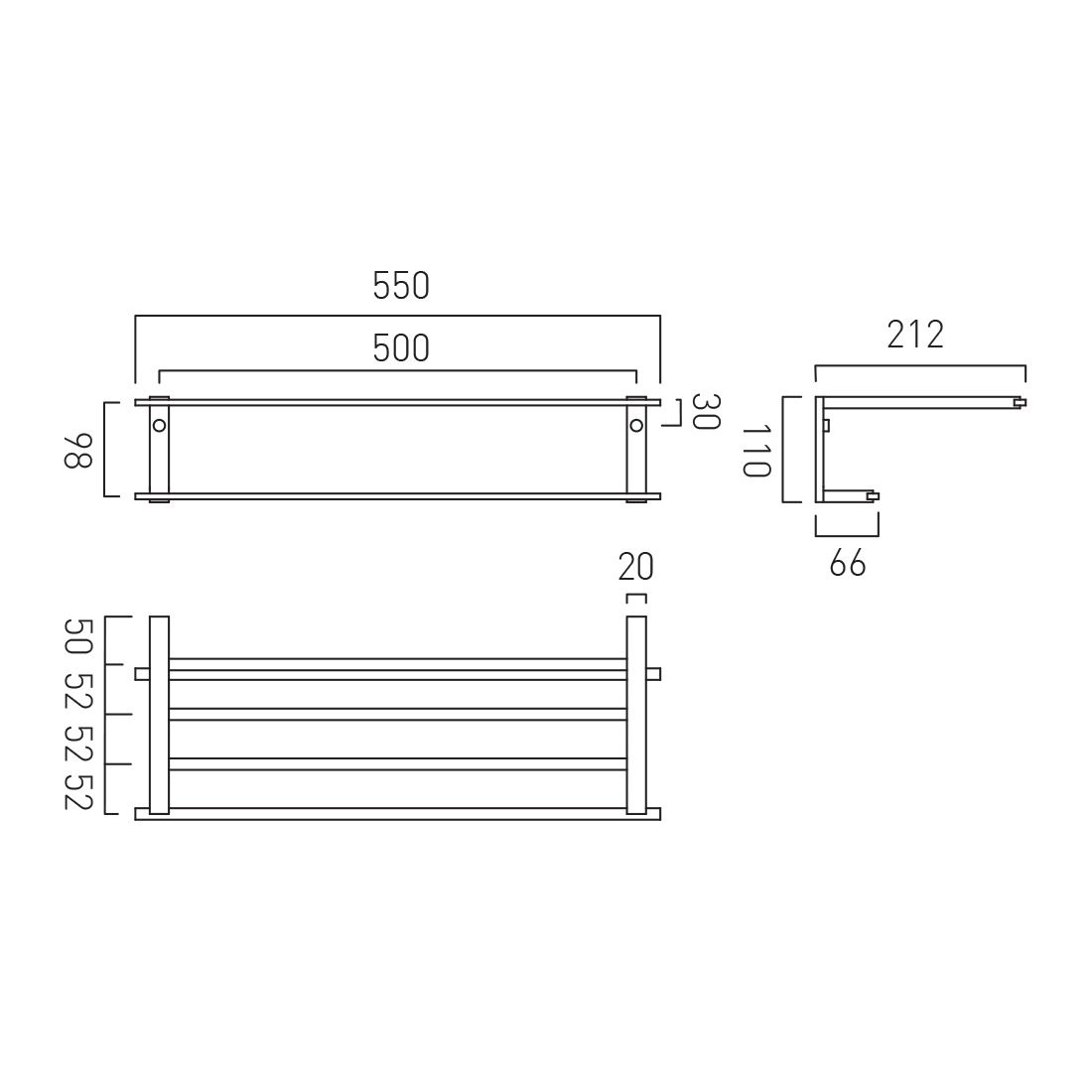 Vado Level Towel Shelf with Rail 550mm