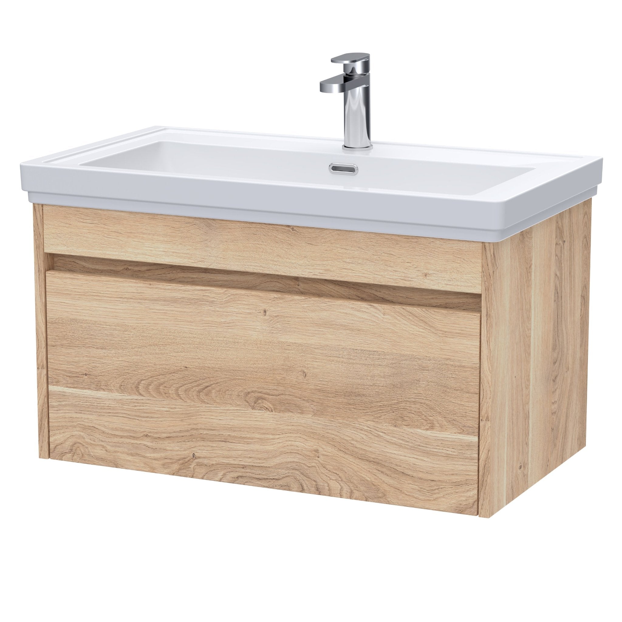 Oak finish wall hung basin unit with white basin