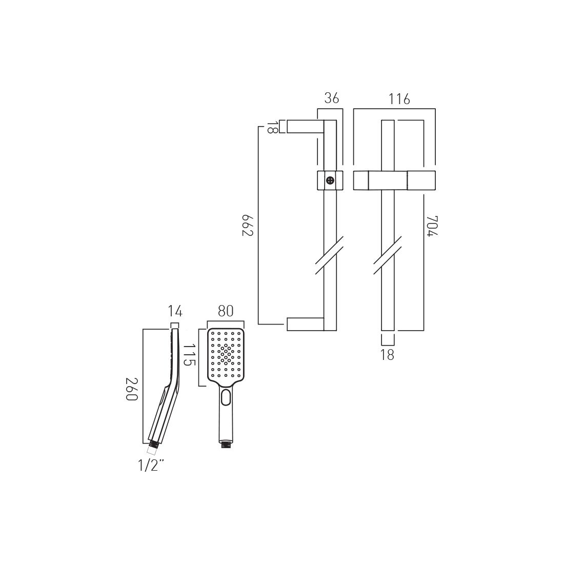 Vado Nebula Square 3 Function Slide Rail Shower Kit