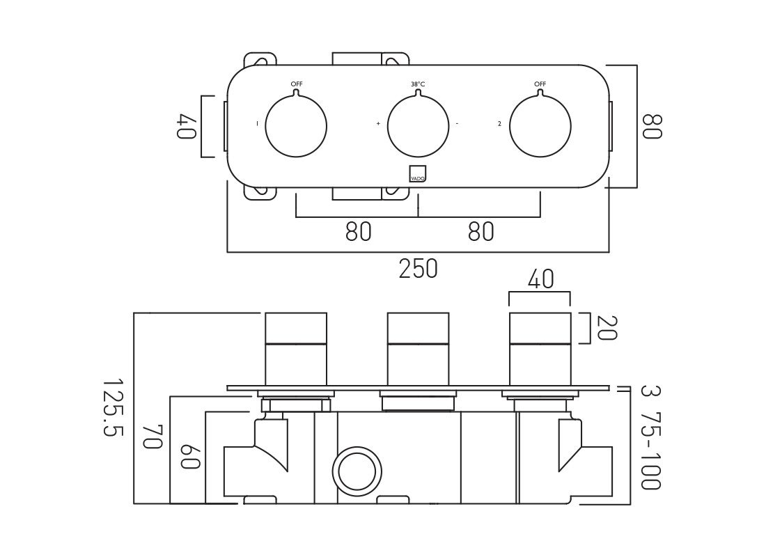 Vado Tablet Altitude 2 Outlet 3 Handle Horizontal Shower Valve