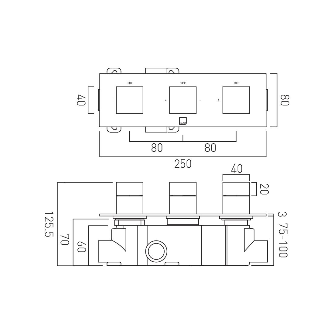 Vado Tablet Notion 2 Outlet 3 Handle Horizontal Shower Valve